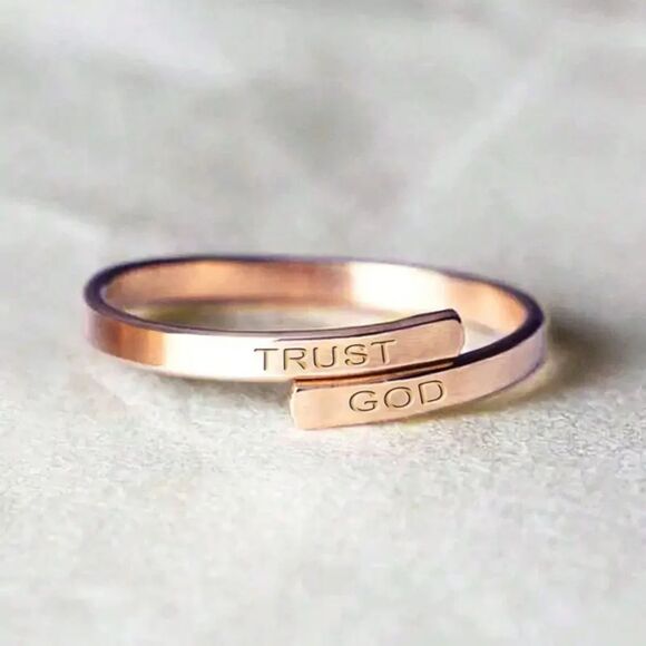 Open Ring with "TRUST GOD" Engraving Religious Christian Baptism Dainty Jewelry - Picture 3 of 3
